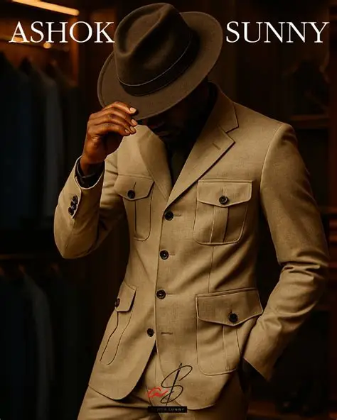 Client in a tan safari-style Ashok suit and fedora